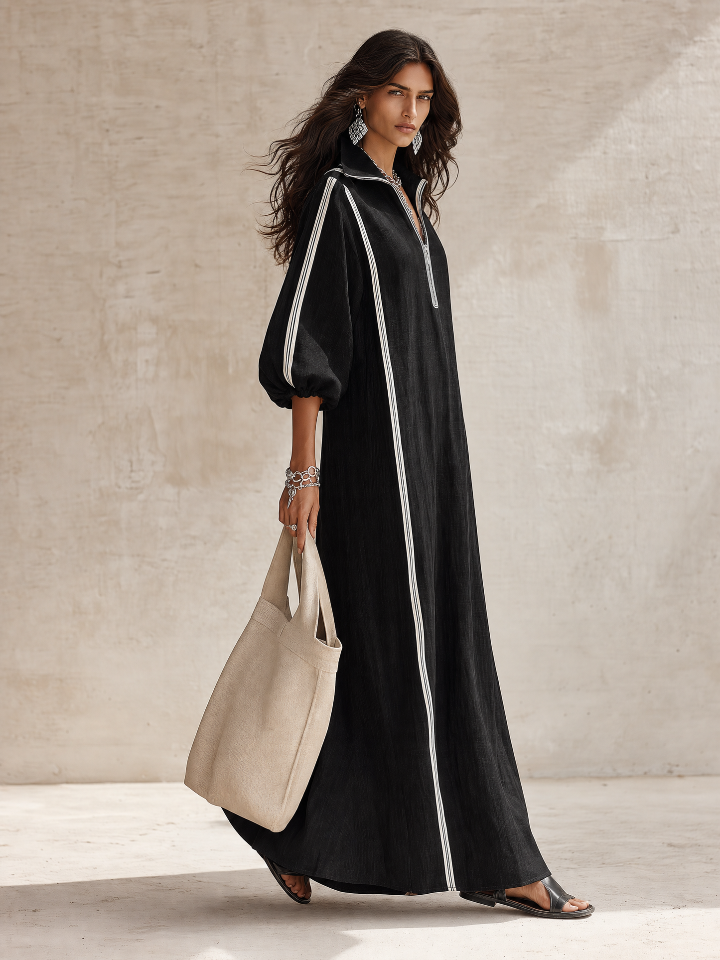 Women's Zip Collar Contrast Striped Long Sleeve Maxi Dress