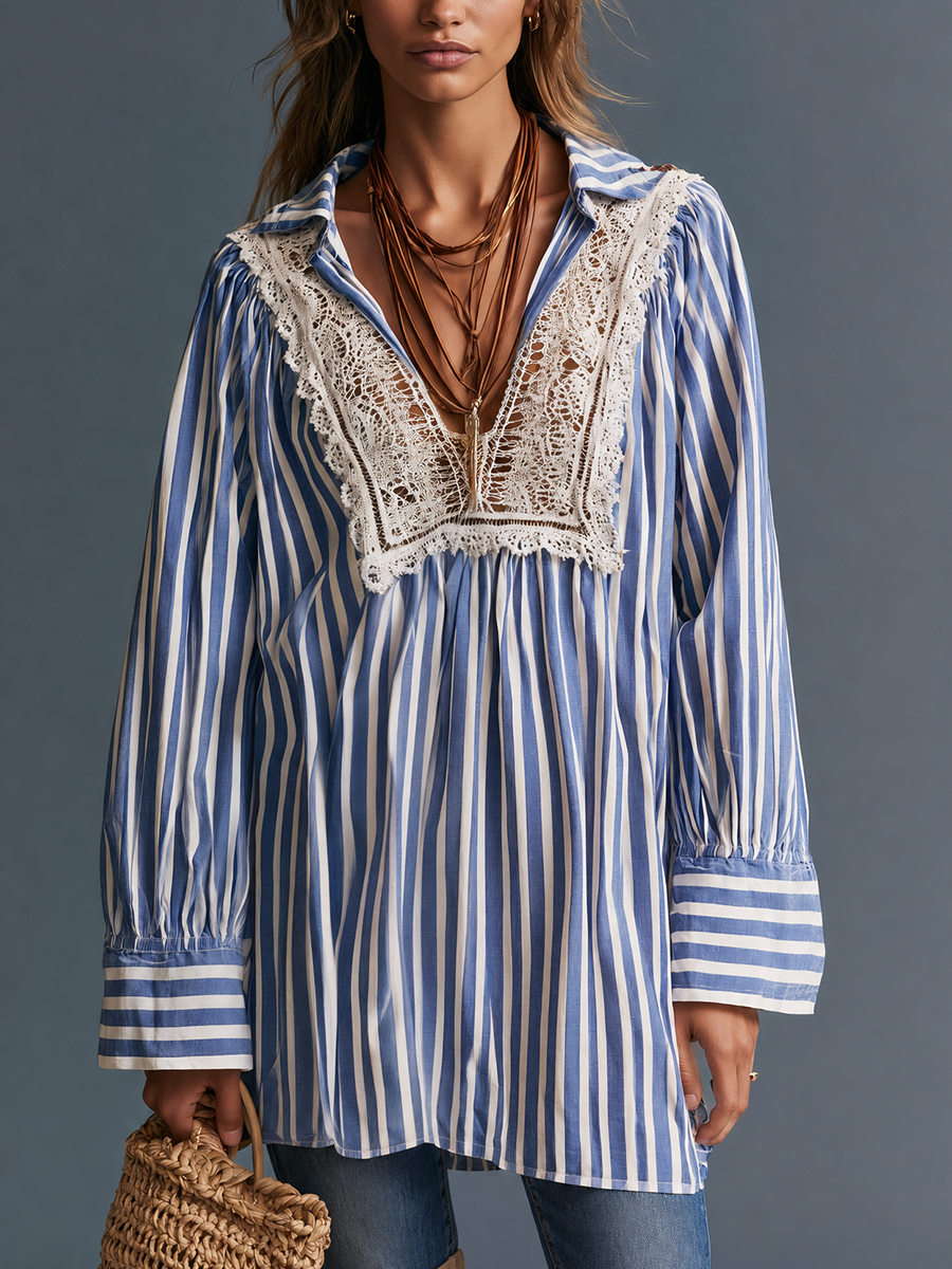 Romantic Resort V-Neck Lace Trim Striped Shirt Top