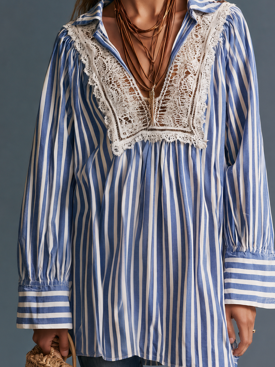 Romantic Resort V-Neck Lace Trim Striped Shirt Top