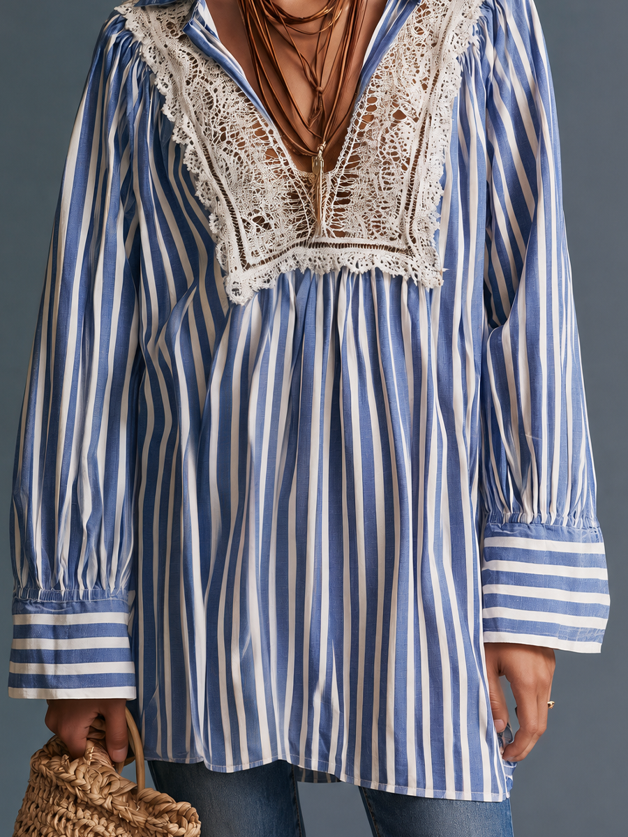 Romantic Resort V-Neck Lace Trim Striped Shirt Top