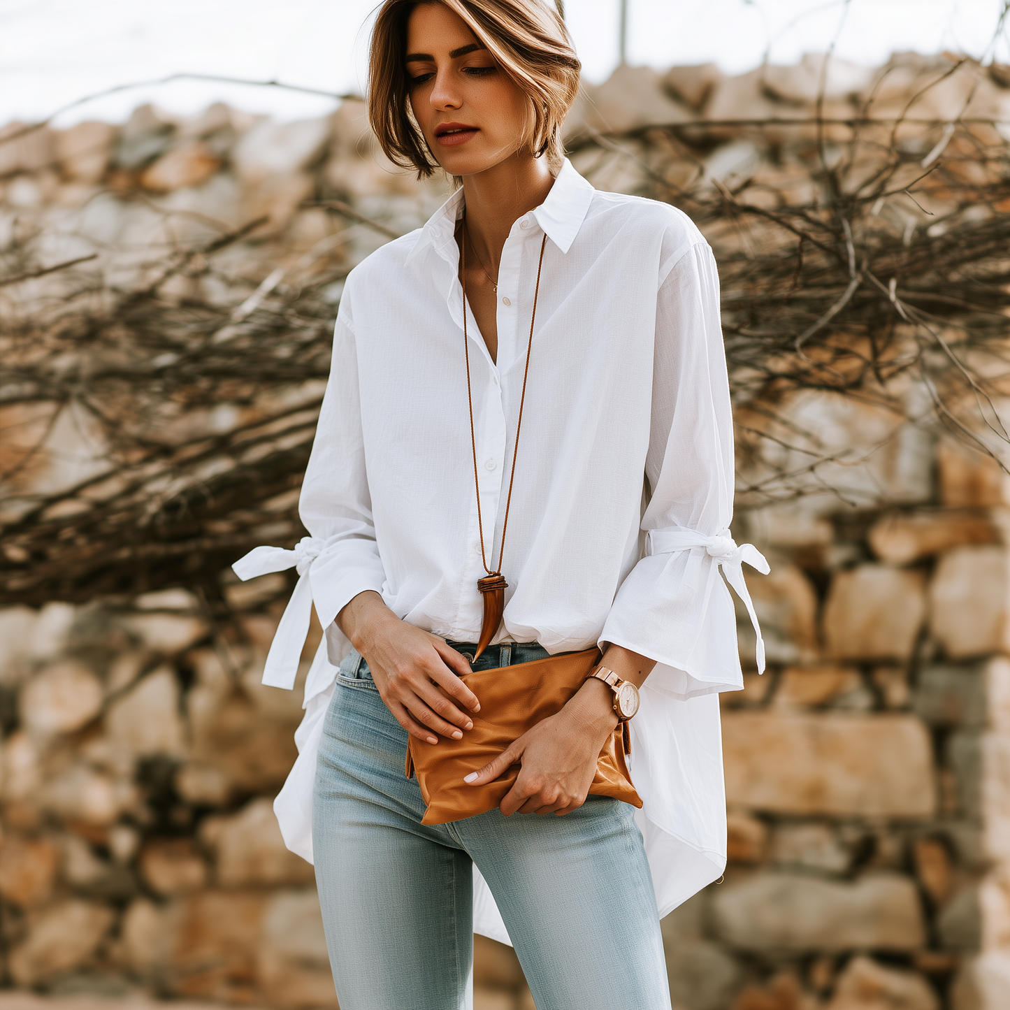 Effortless Chic Cotton Bell-Sleeve Tie-Cuff High-Low White Shirt