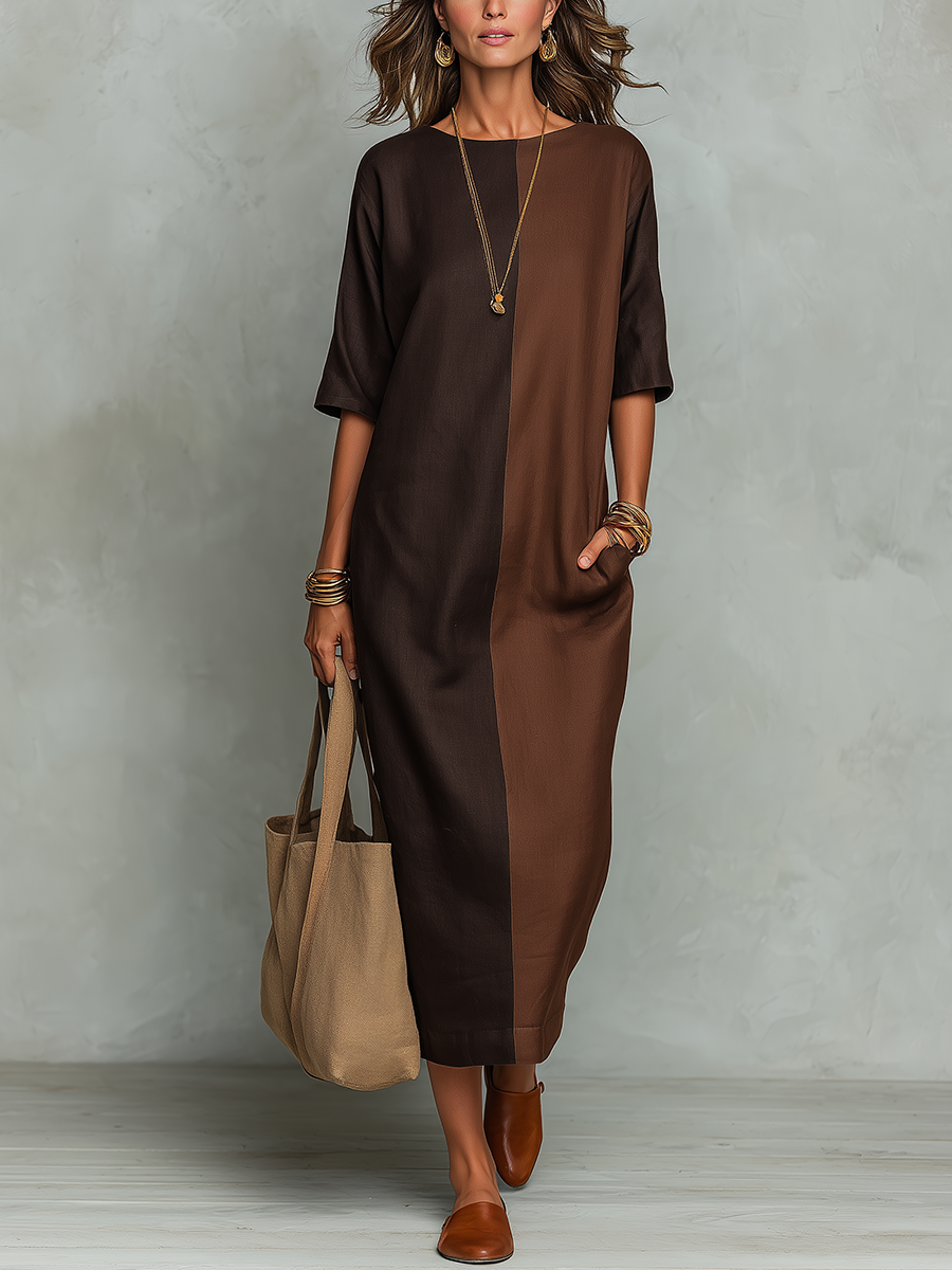 Bohemian Coffee Colored Patchwork Linen Maxi Dress