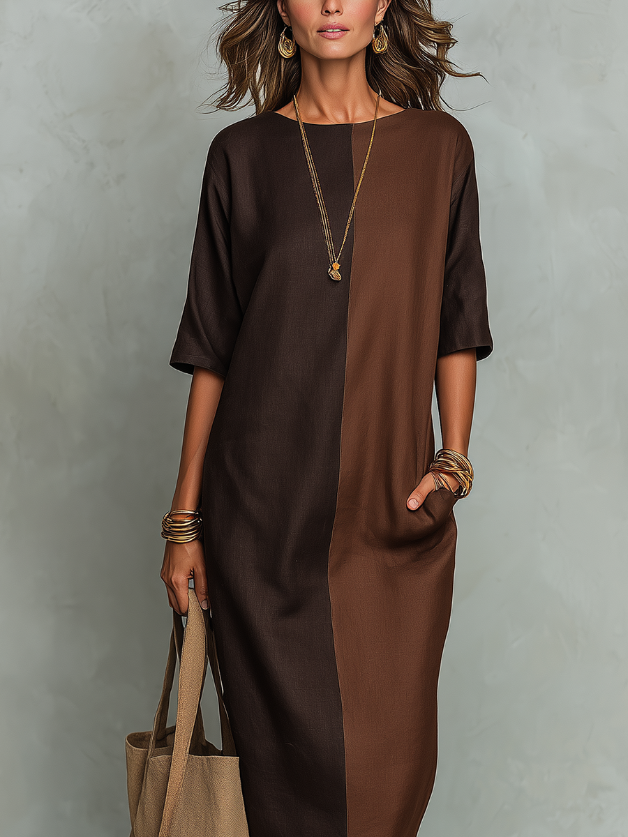 Bohemian Coffee Colored Patchwork Linen Maxi Dress
