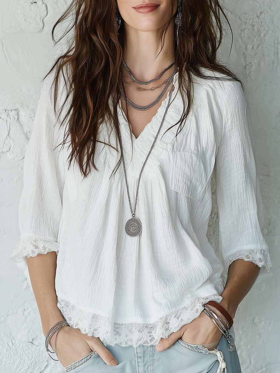 Bohemian Style White Lace V-neck Top