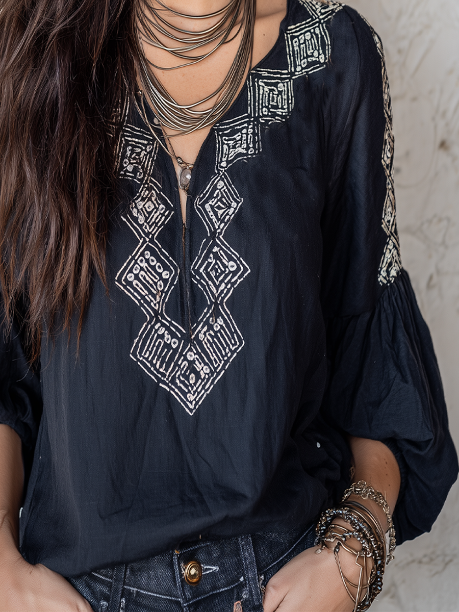 Bohemian Style Navy Blue Embroidered Shirt