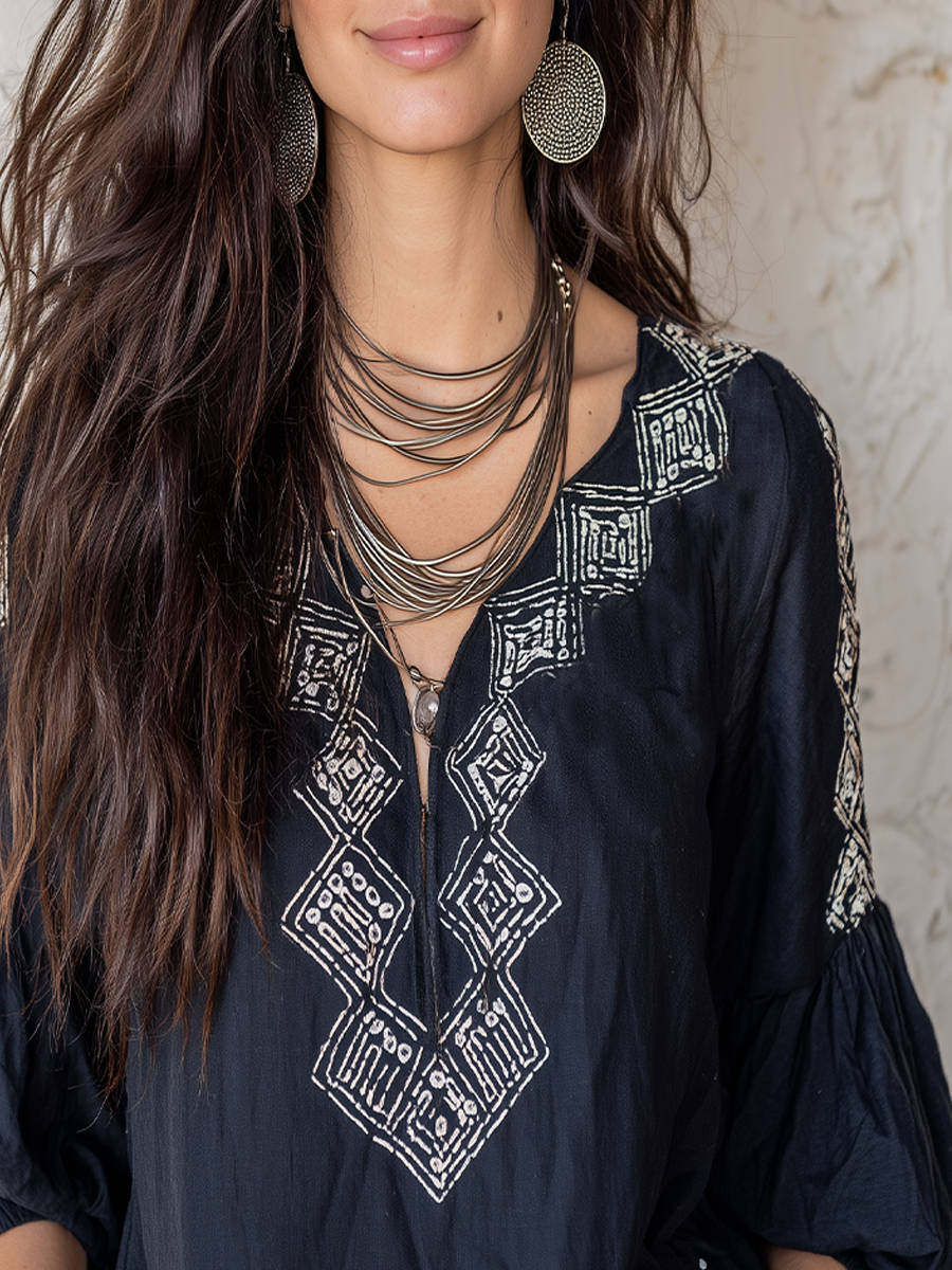 Bohemian Style Navy Blue Embroidered Shirt