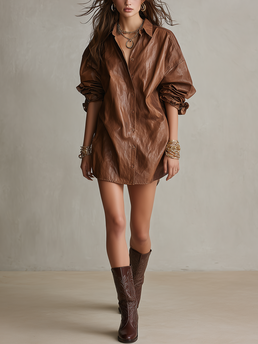 Bohemian Brown Faux Leather Mini Shirt Dress