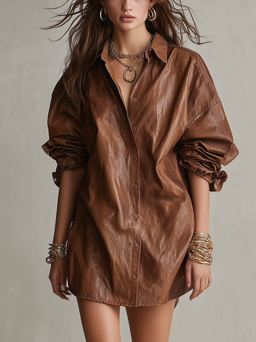 Bohemian Brown Faux Leather Mini Shirt Dress