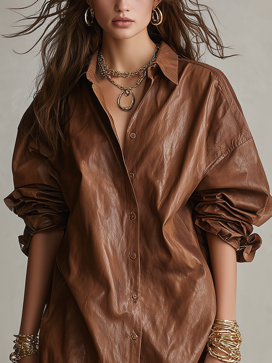 Bohemian Brown Faux Leather Mini Shirt Dress