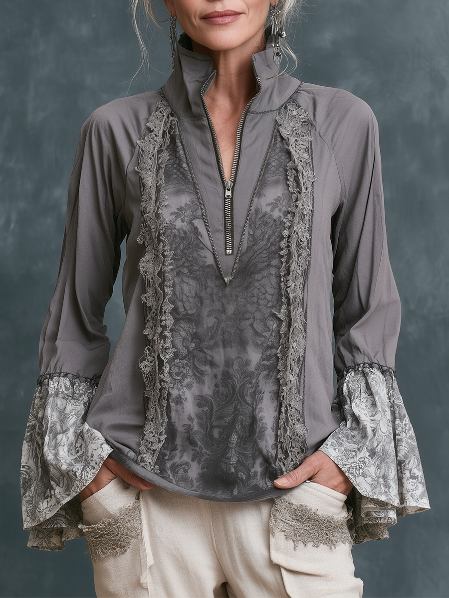 Vintage Artisan Stand Collar Embroidered Top