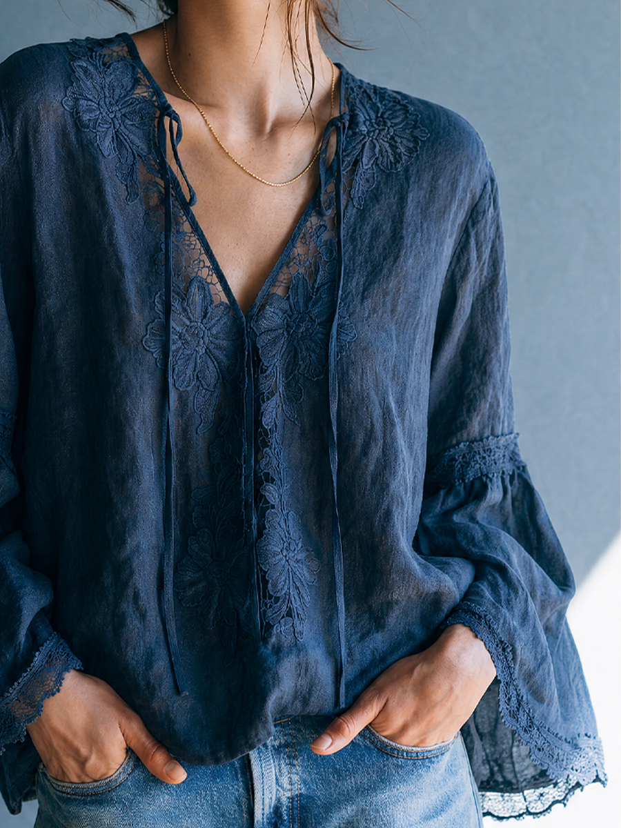 Boho Luxe Navy Lace Panel Tie-Neck Blouse Top
