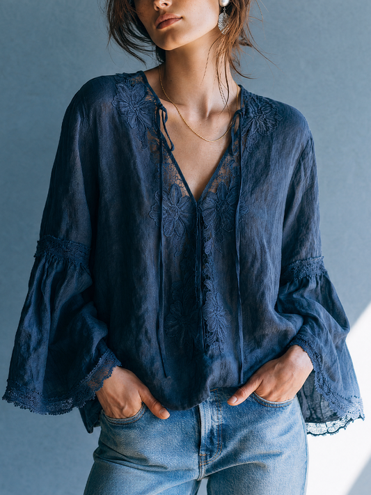 Boho Luxe Navy Lace Panel Tie-Neck Blouse Top