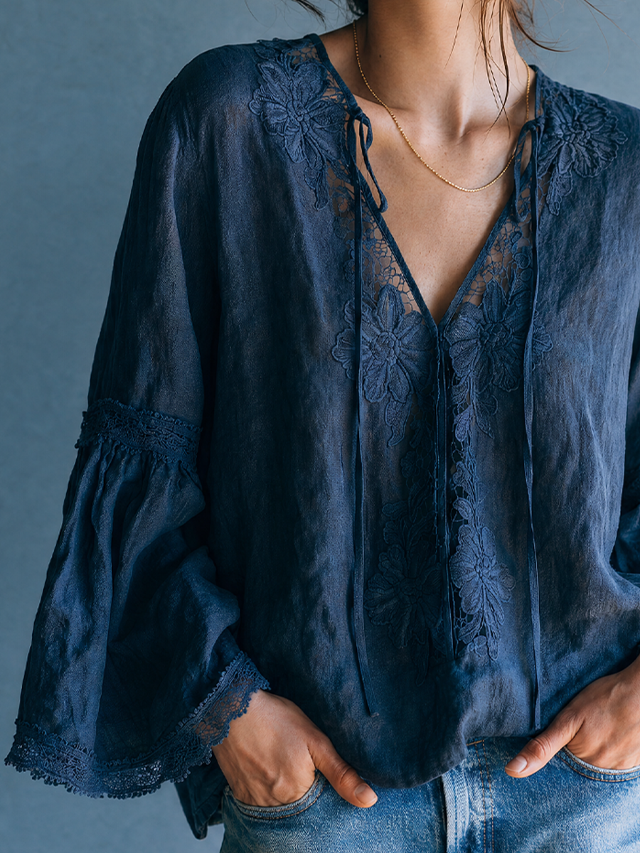 Boho Luxe Navy Lace Panel Tie-Neck Blouse Top