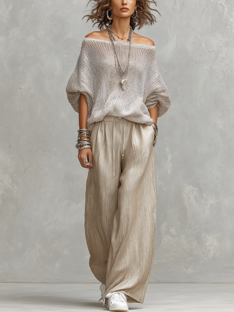 Lightweight Knit Top And Linen Wide-leg Pants Set