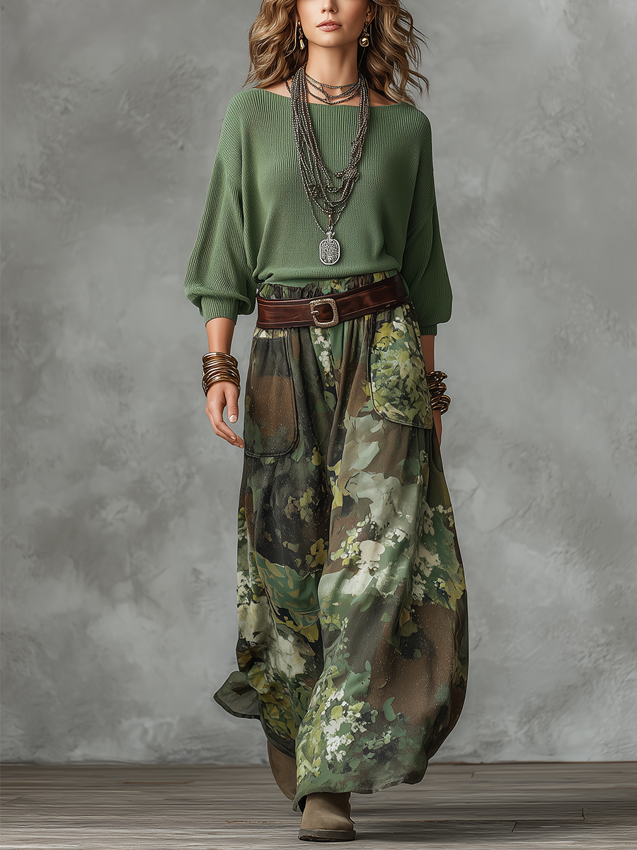 Olive Green Batwing Sleeve Knit Top And Skirt Set