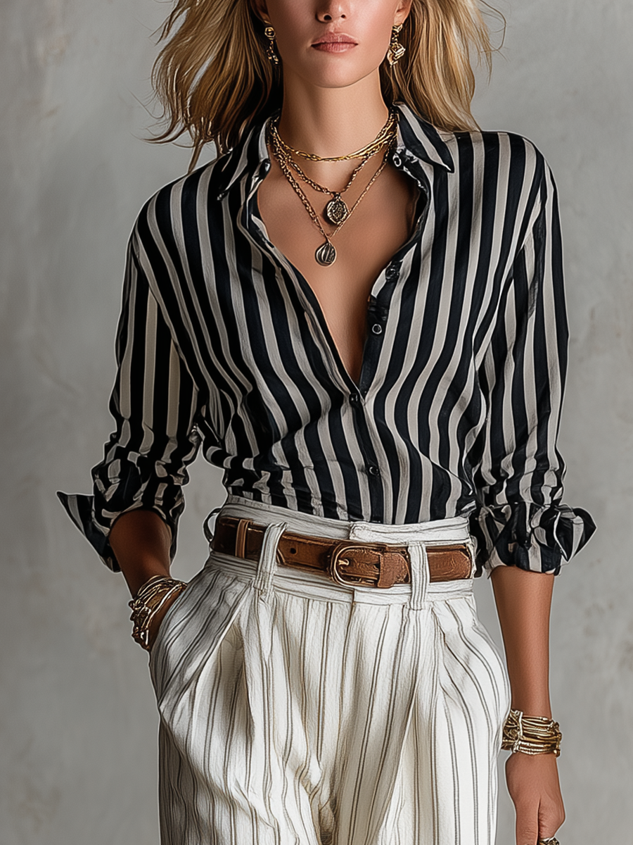 Urban Luxe Vertical Stripe Satin Blouse