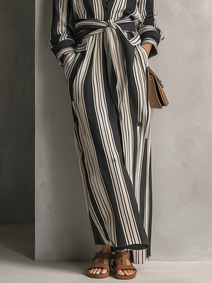 Urban Boho Vertical Stripe Belted Maxi Dress