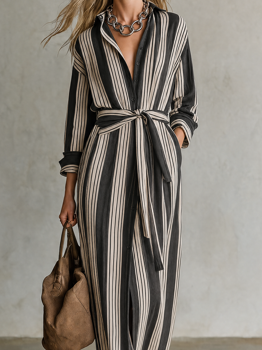 Urban Boho Vertical Stripe Belted Maxi Dress