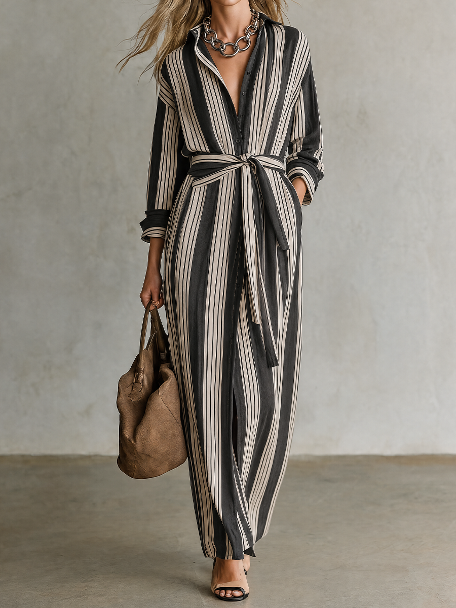 Urban Boho Vertical Stripe Belted Maxi Dress