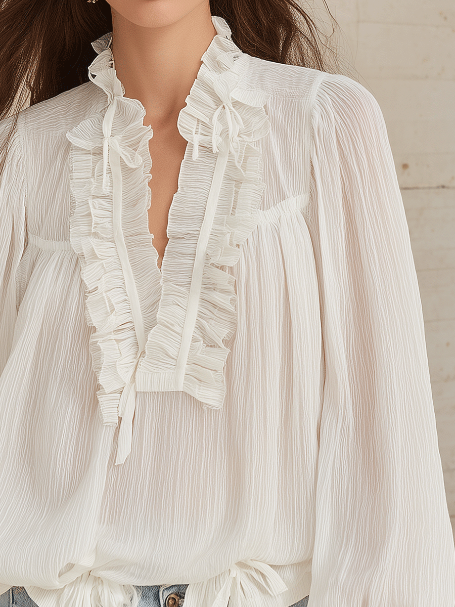 Women's V-Neck Ruffled Trim Lantern Sleeve Blouse with Tie Front
