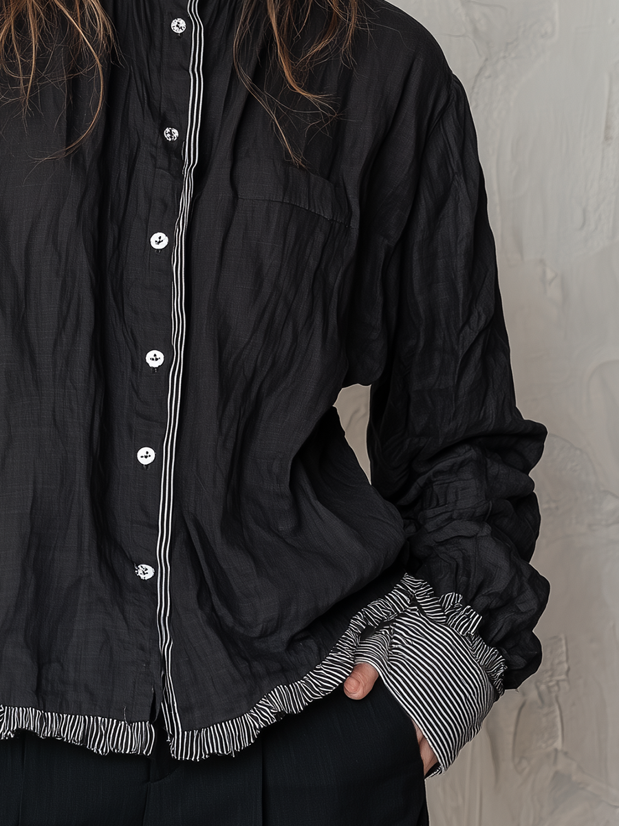 Relaxed Black Striped Trim Button-Up Shirt