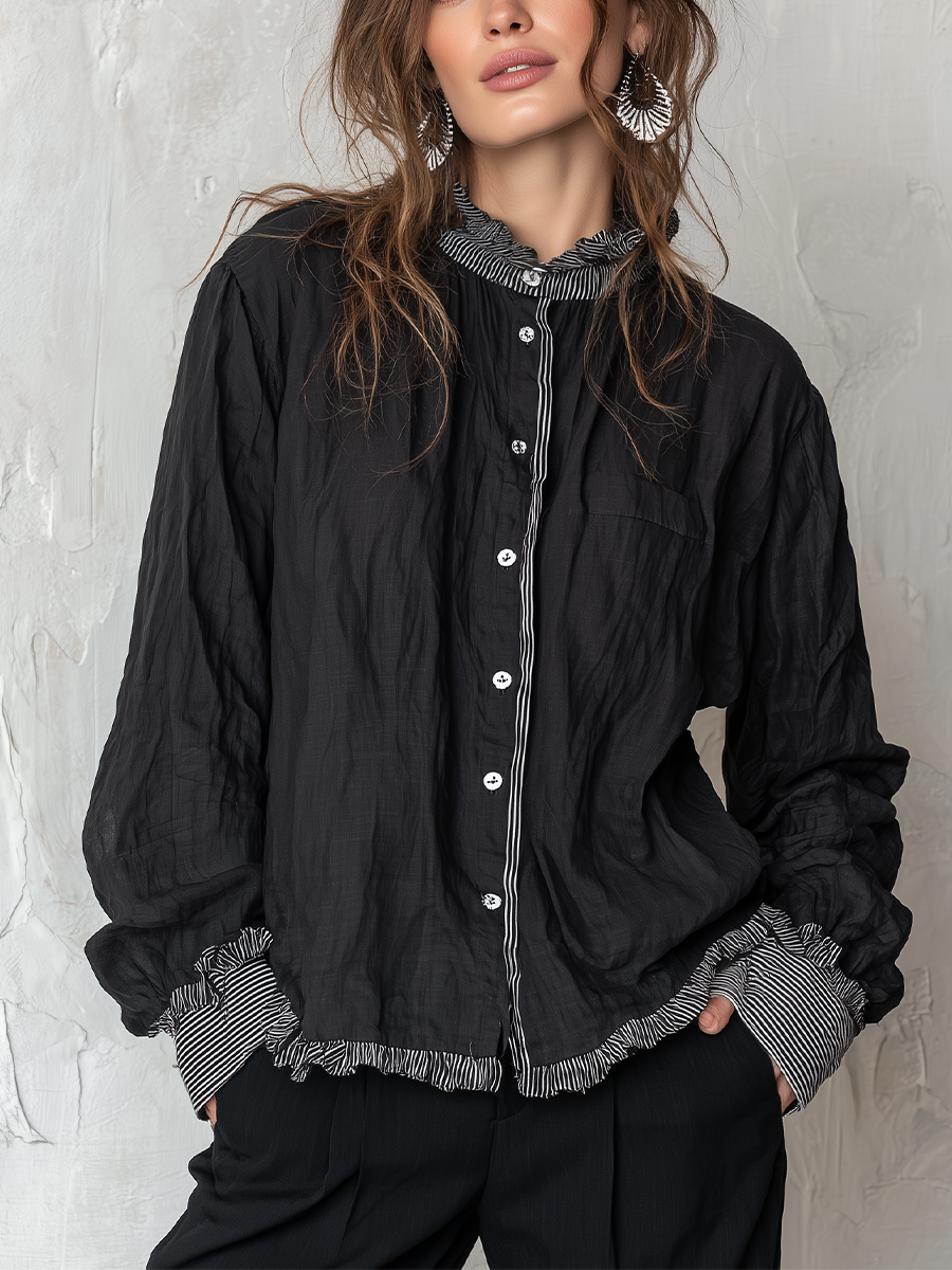 Relaxed Black Striped Trim Button-Up Shirt