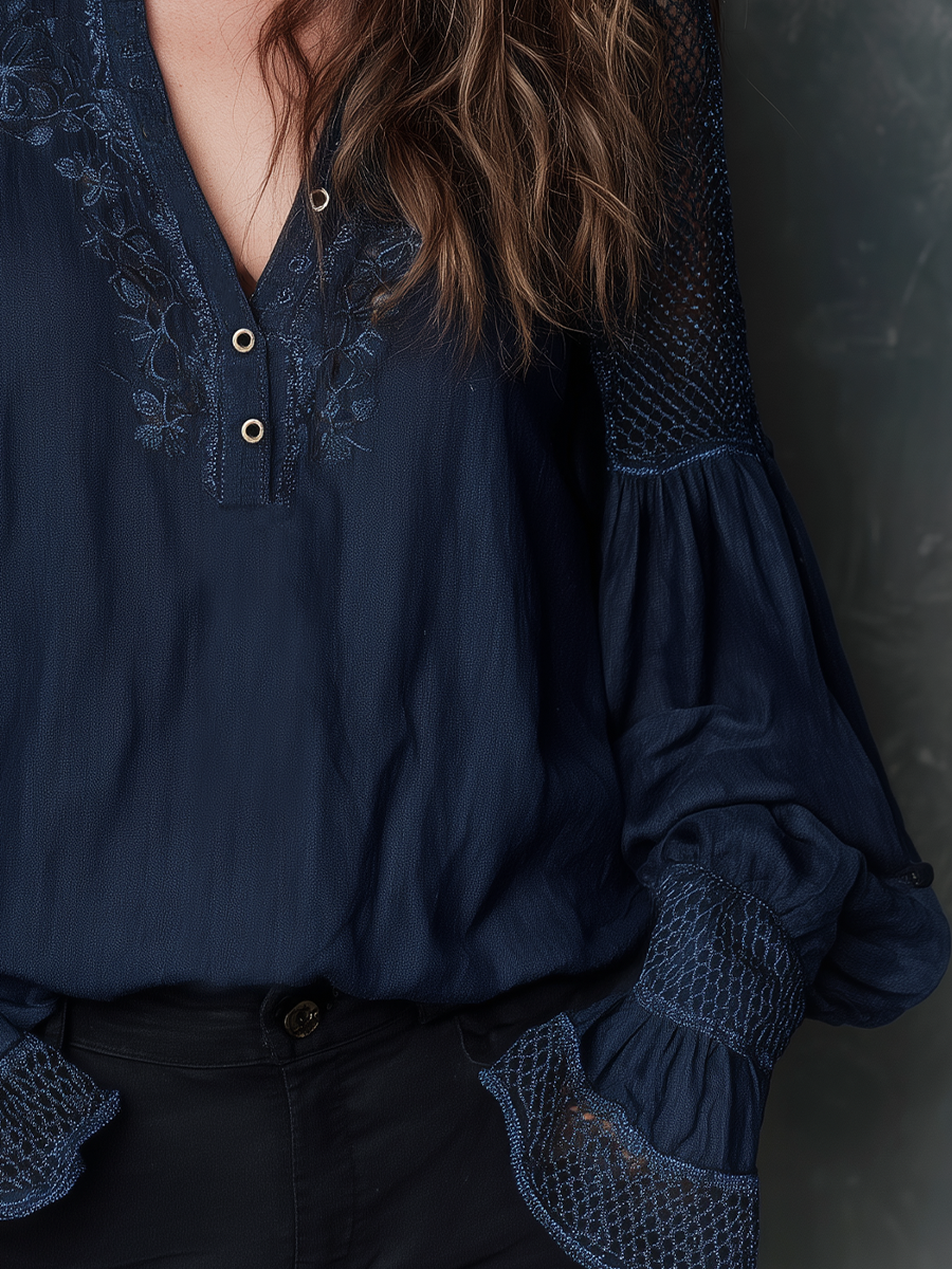Refined Navy Lace Sleeve Blouse