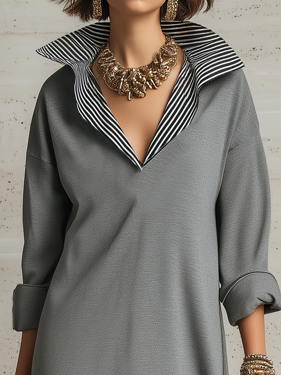 Minimalist Grey Contrast Collar Maxi Dress