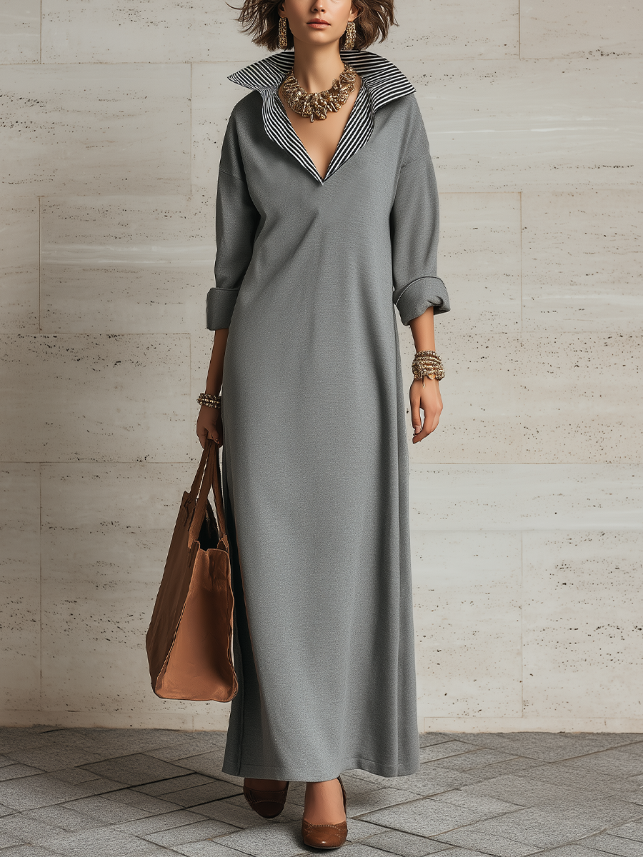 Minimalist Grey Contrast Collar Maxi Dress