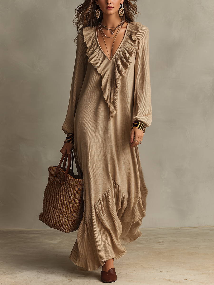 Graceful Beige Cascading Ruffle Maxi Dress