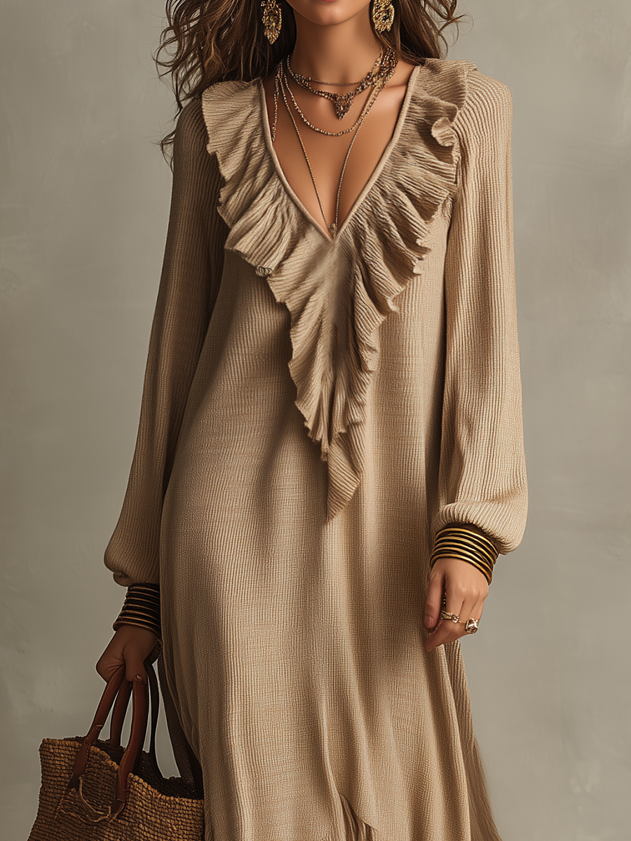 Graceful Beige Cascading Ruffle Maxi Dress