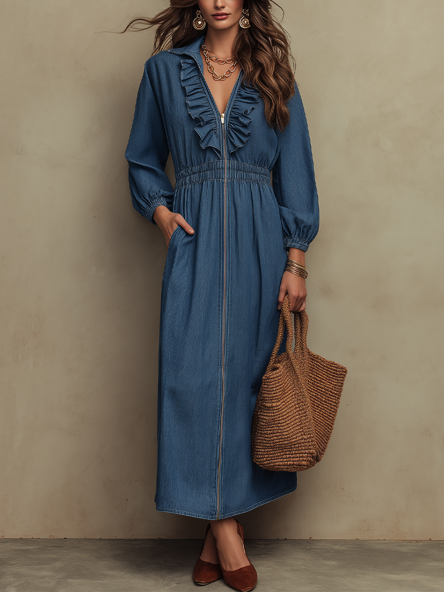 Classic Denim Blue Ruffle Zip Maxi Dress