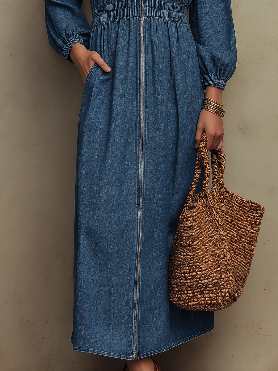 Classic Denim Blue Ruffle Zip Maxi Dress