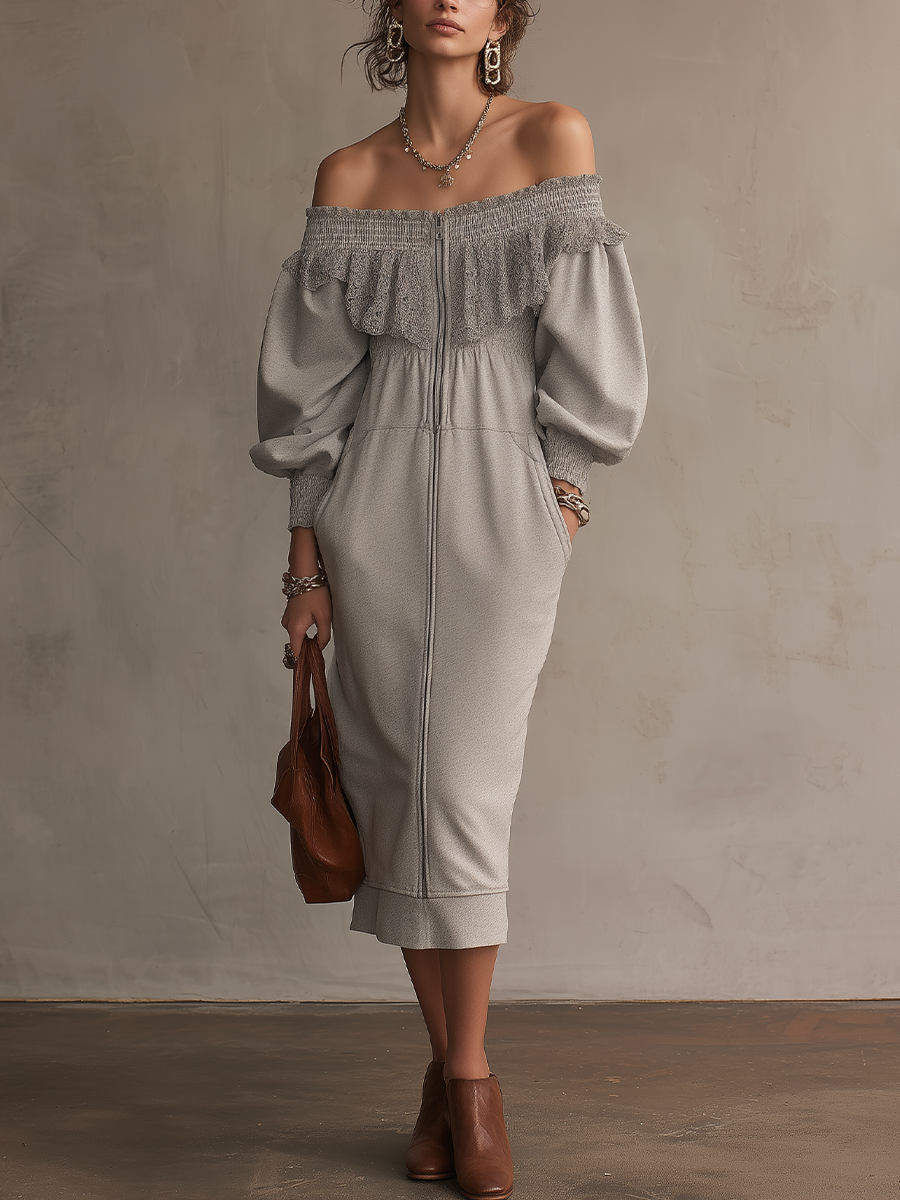 Soft Light Grey Off-Shoulder Ruffle Midi Dress