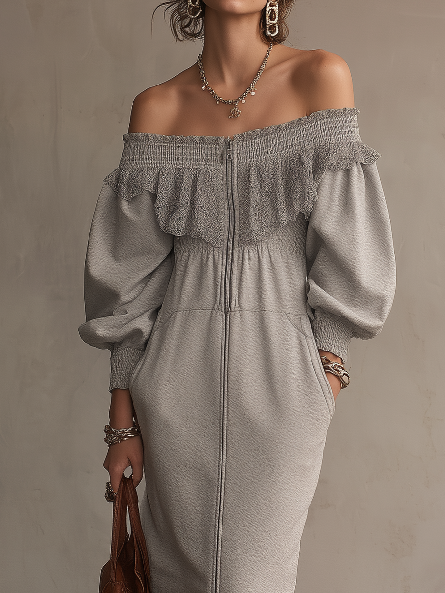 Soft Light Grey Off-Shoulder Ruffle Midi Dress