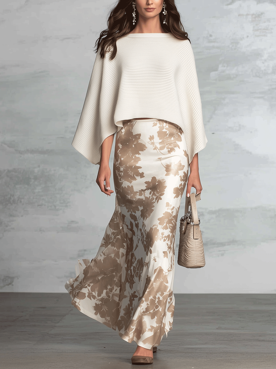 Quiet Luxury Knit-Cape Floral-Satin Ivory & Taupe Two-Piece Maxi Dress Set