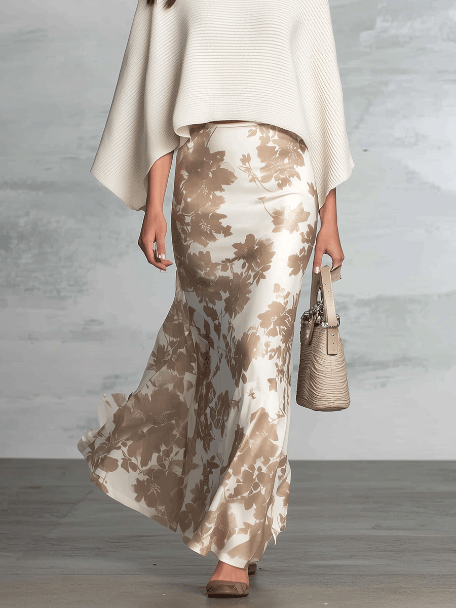 Quiet Luxury Knit-Cape Floral-Satin Ivory & Taupe Two-Piece Maxi Dress Set