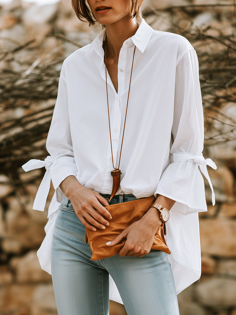 Effortless Chic Cotton Bell-Sleeve Tie-Cuff High-Low White Shirt