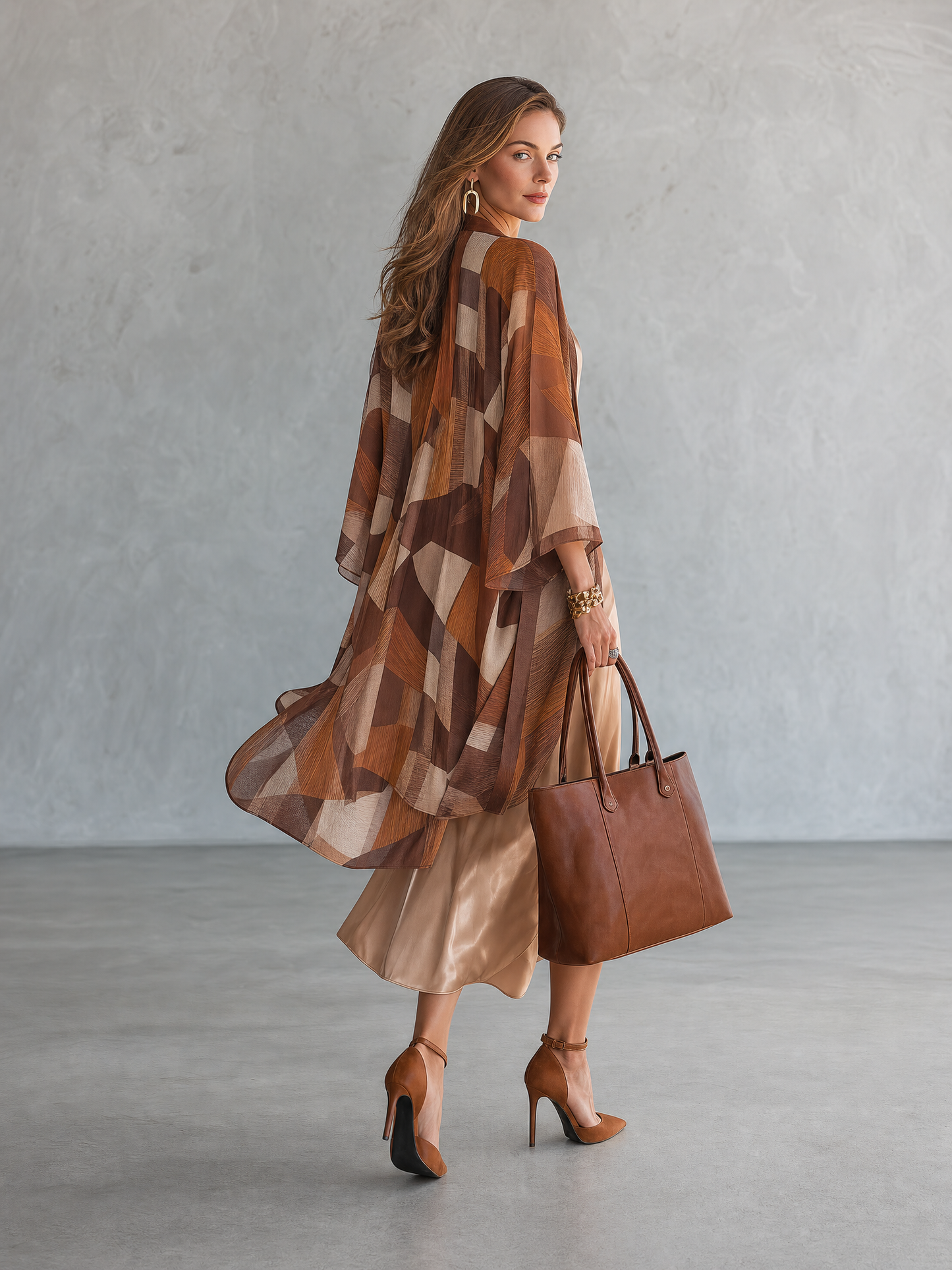 Geometric Print Kimono Cardigan with Satin Slip Dress Two-Piece Set