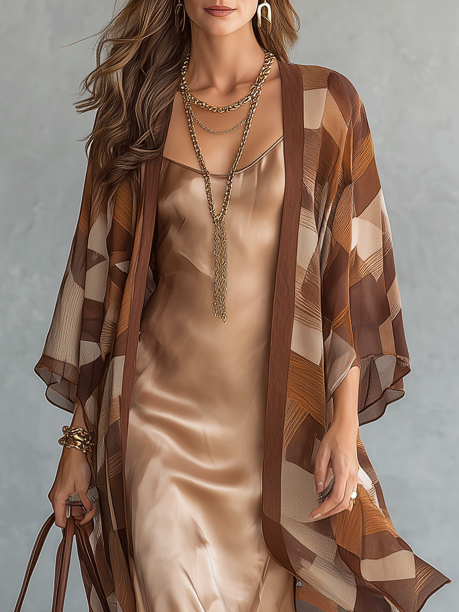 Geometric Print Kimono Cardigan with Satin Slip Dress Two-Piece Set