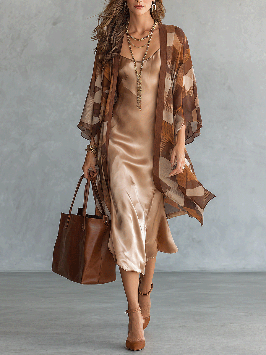 Geometric Print Kimono Cardigan with Satin Slip Dress Two-Piece Set