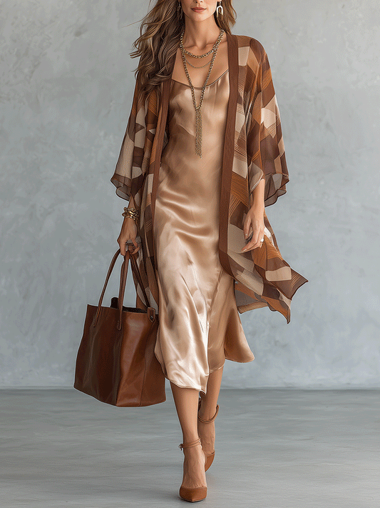 Geometric Print Kimono Cardigan with Satin Slip Dress Two-Piece Set