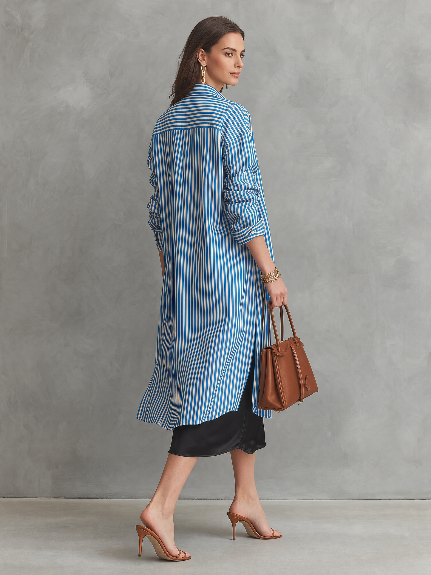 Quiet Luxury Silky Stripe-Shirt & Bias Slip Blue & Black Layered Set