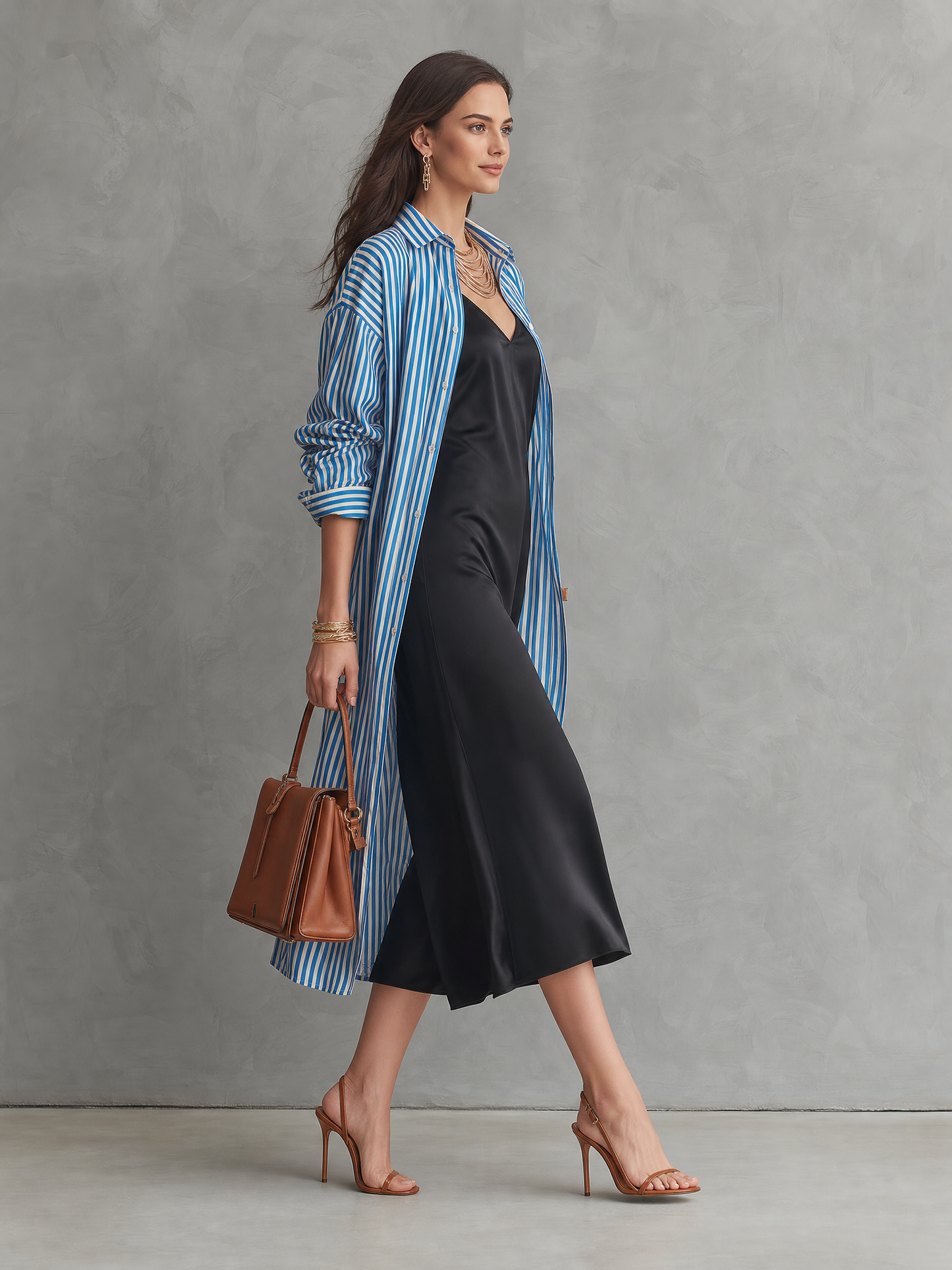 Quiet Luxury Silky Stripe-Shirt & Bias Slip Blue & Black Layered Set