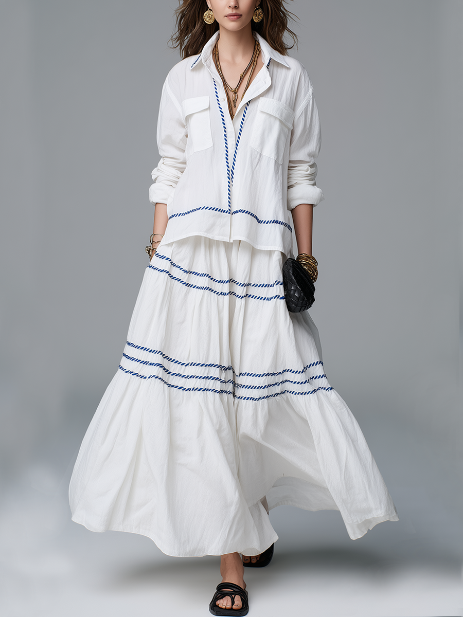 Bohemian Style Cotton And Linen White Midi Skirt Suit