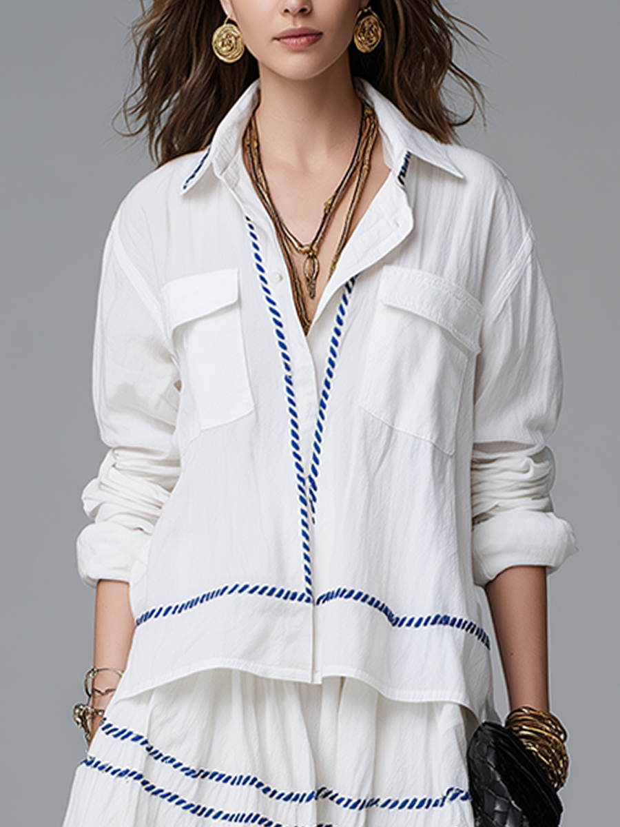 Bohemian Style Cotton And Linen White Midi Skirt Suit