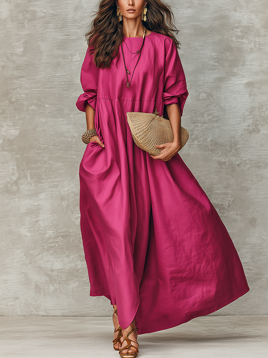 Bohemian Style Cotton And Linen Rose Red Dress