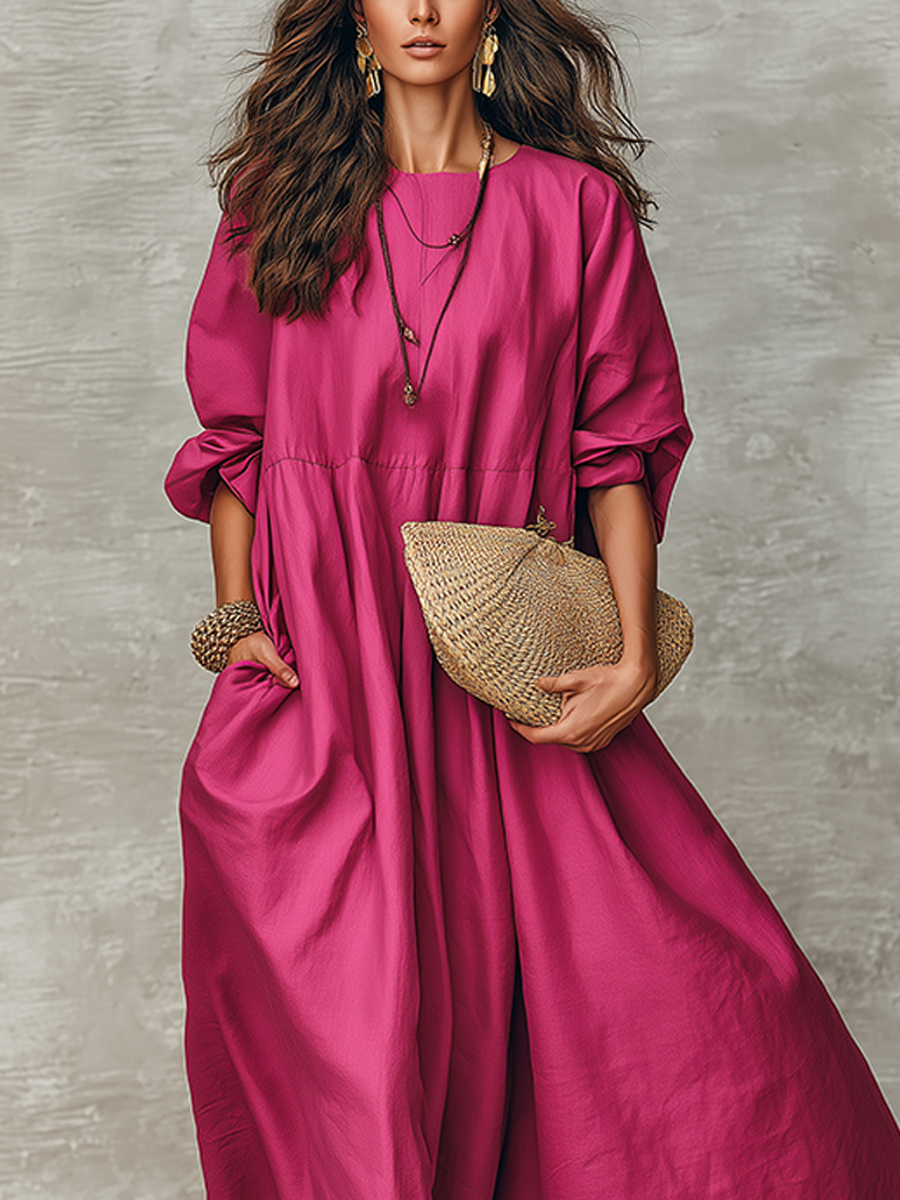 Bohemian Style Cotton And Linen Rose Red Dress