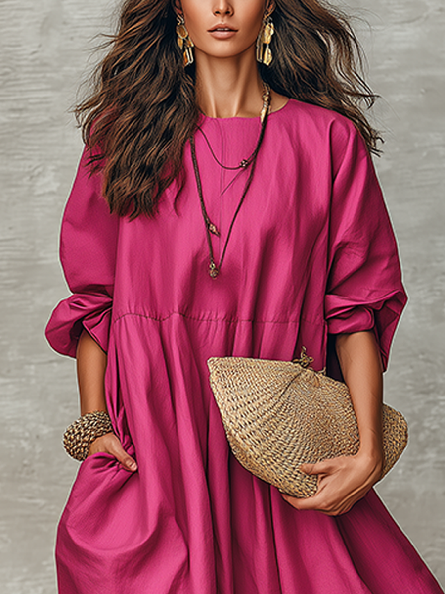 Bohemian Style Cotton And Linen Rose Red Dress