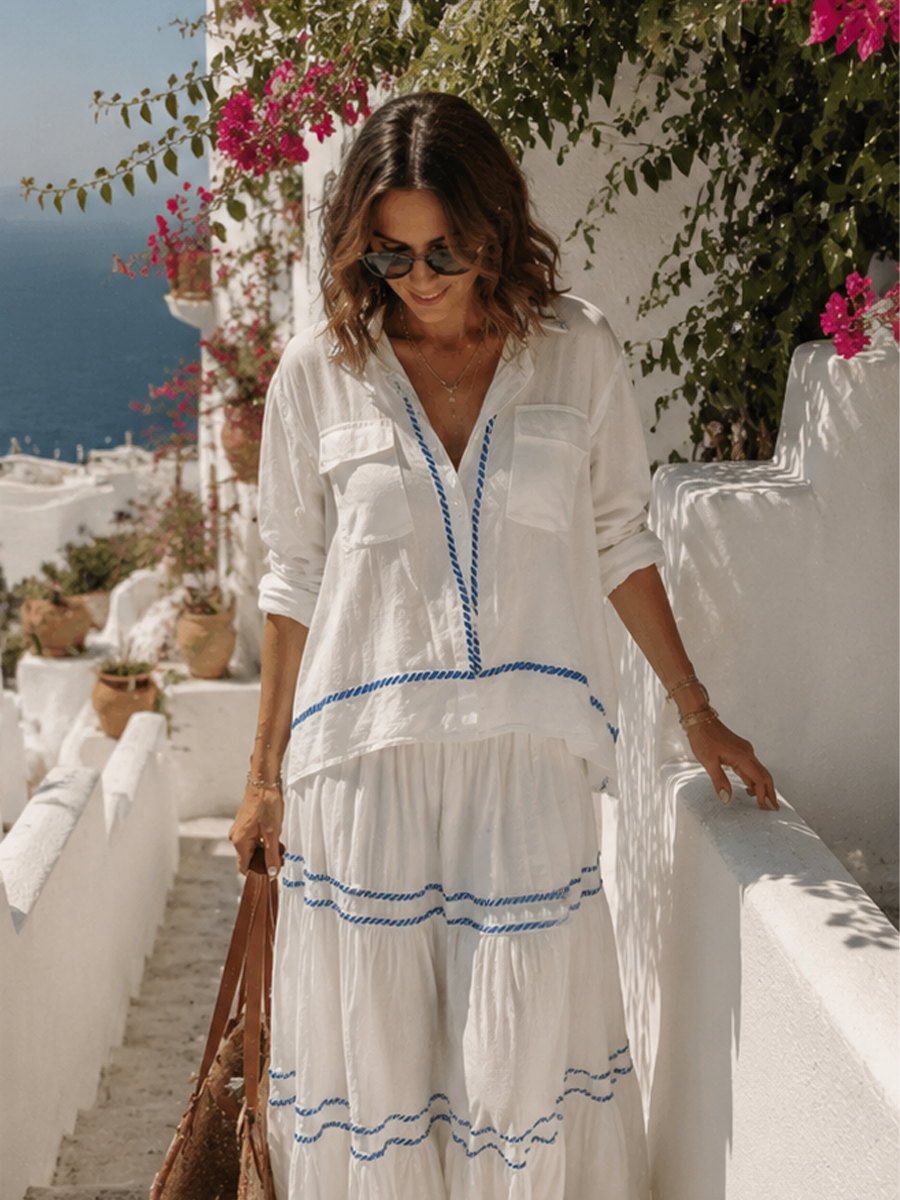 Bohemian Style Cotton And Linen White Midi Skirt Suit